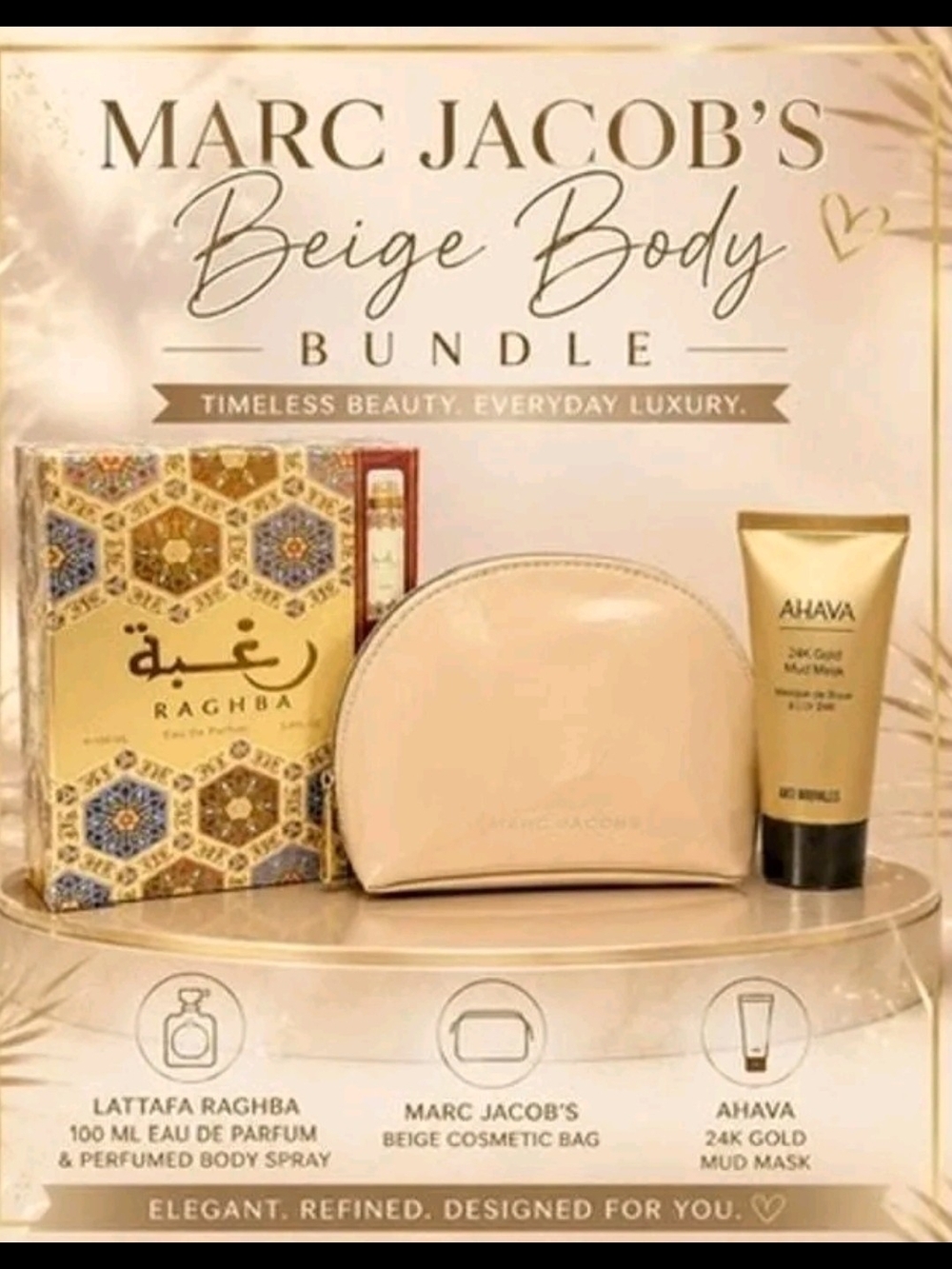 Marc Jacobs Beige Cosmetic Pouch with Gold-Accented Bath Trio